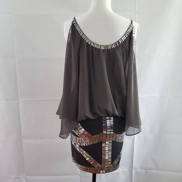 Arden B Gray Chiffon Sequins Cold Shoulder Dress - Picture 2 of 5